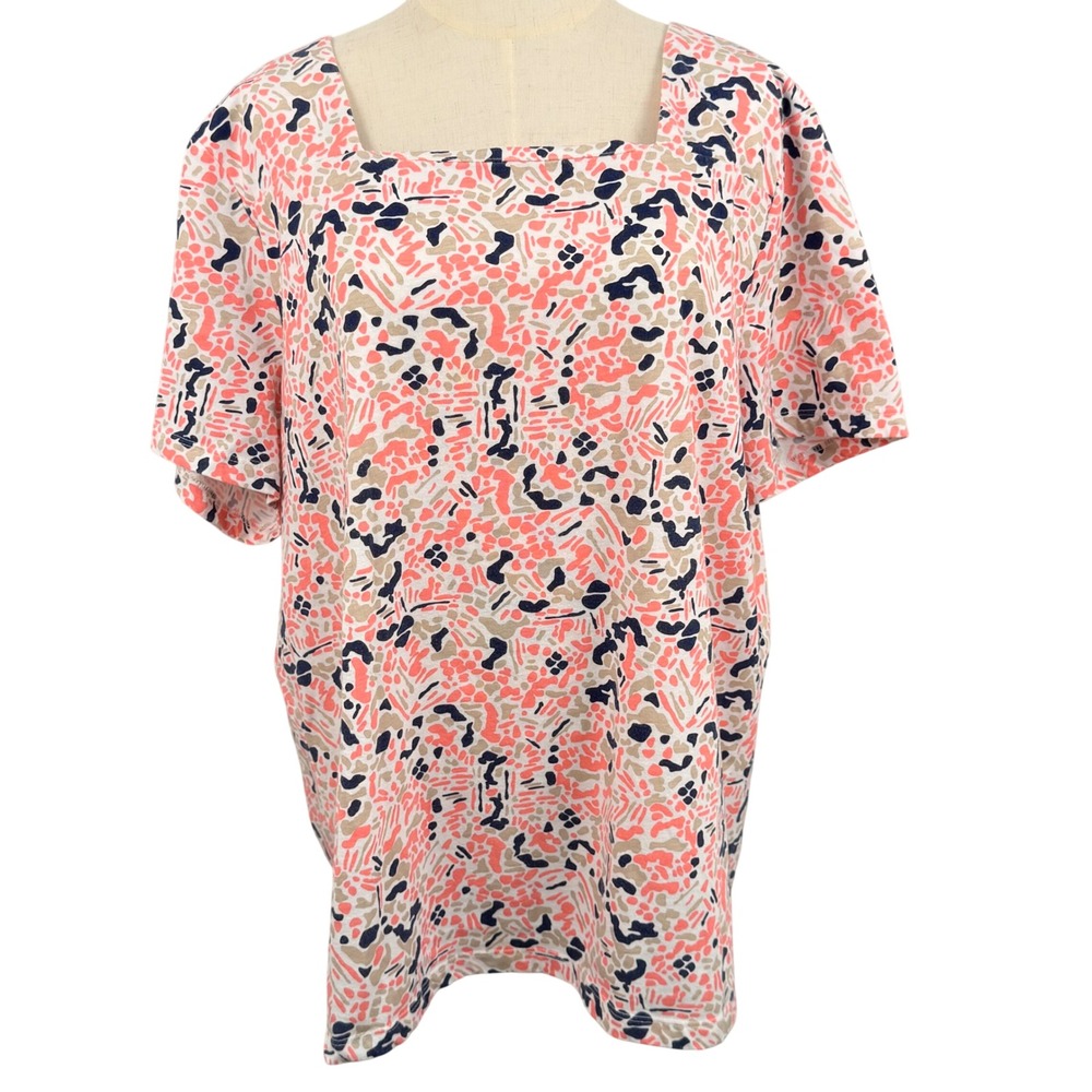 Coral‎ Bay Woman 1X SS Square Neck Abstract Print Knit Top Art to Wear Mod Retro